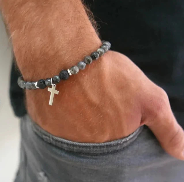 Lava Stone Men's Cross Bracelet