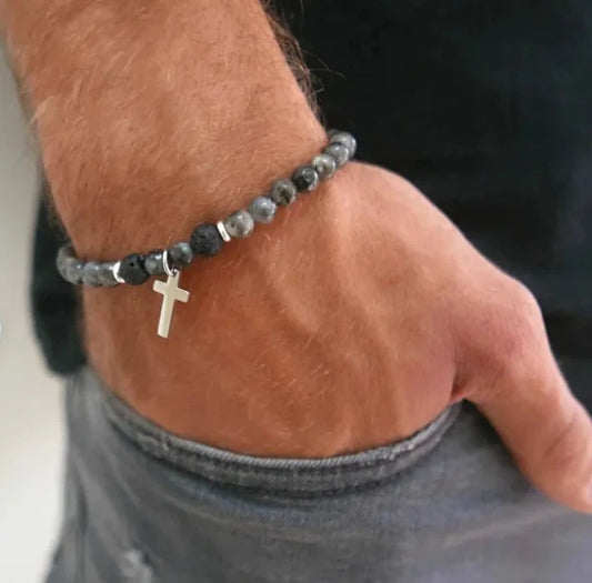 Lava Stone Men's Cross Bracelet